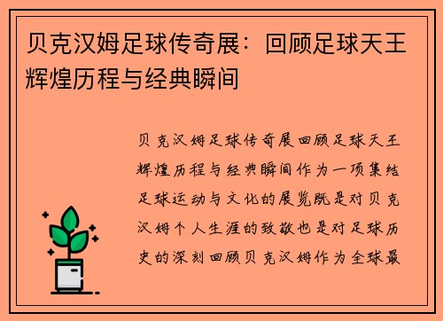 贝克汉姆足球传奇展：回顾足球天王辉煌历程与经典瞬间