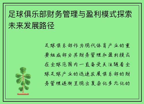 足球俱乐部财务管理与盈利模式探索未来发展路径 足球俱乐部财务管理与盈利模式探索未来发展路径
