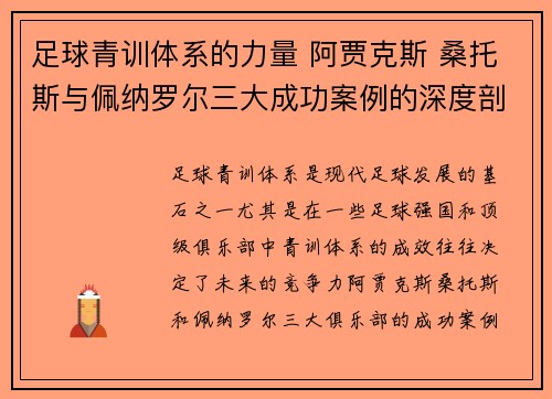 足球青训体系的力量 阿贾克斯 桑托斯与佩纳罗尔三大成功案例的深度剖析 足球青训体系的力量 阿贾克斯 桑托斯与佩纳罗尔三大成功案例的深度剖析