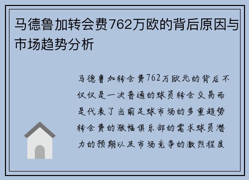 马德鲁加转会费762万欧的背后原因与市场趋势分析 马德鲁加转会费762万欧的背后原因与市场趋势分析